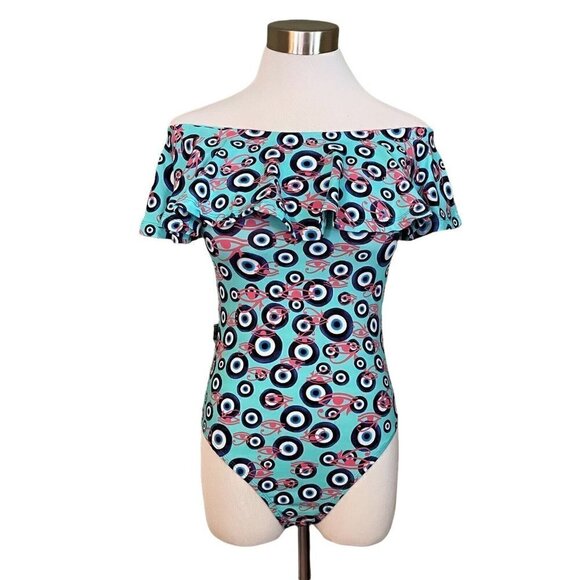 Carol Catugy Brazil Womens M Bodysuit Blue Evil Eye of Horus Print Off Shoulder - Picture 3 of 8